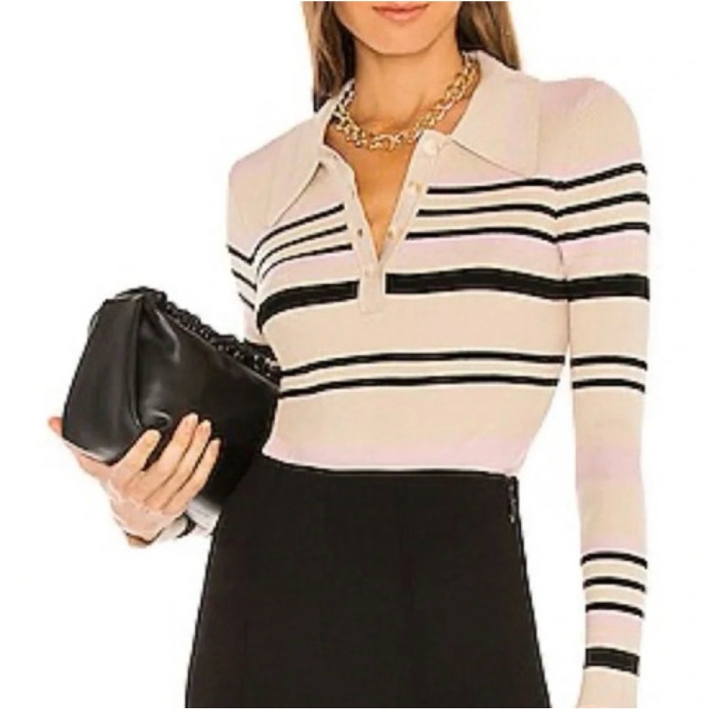 Striped Long-Sleeve Polo Bodysuit in Light Pink